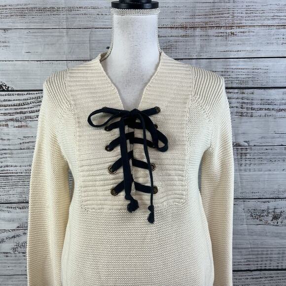 Marled Reunited Clothing Sweater size Small Ivory Navy Lace Up Front Nautical - Picture 2 of 7